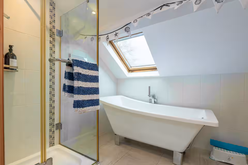 Bathroom with bath tub and separate shower unit